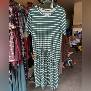 Striped Tshirt Dress, Short Sleeve, Crew Neck, Waist Drawstring with Pocket